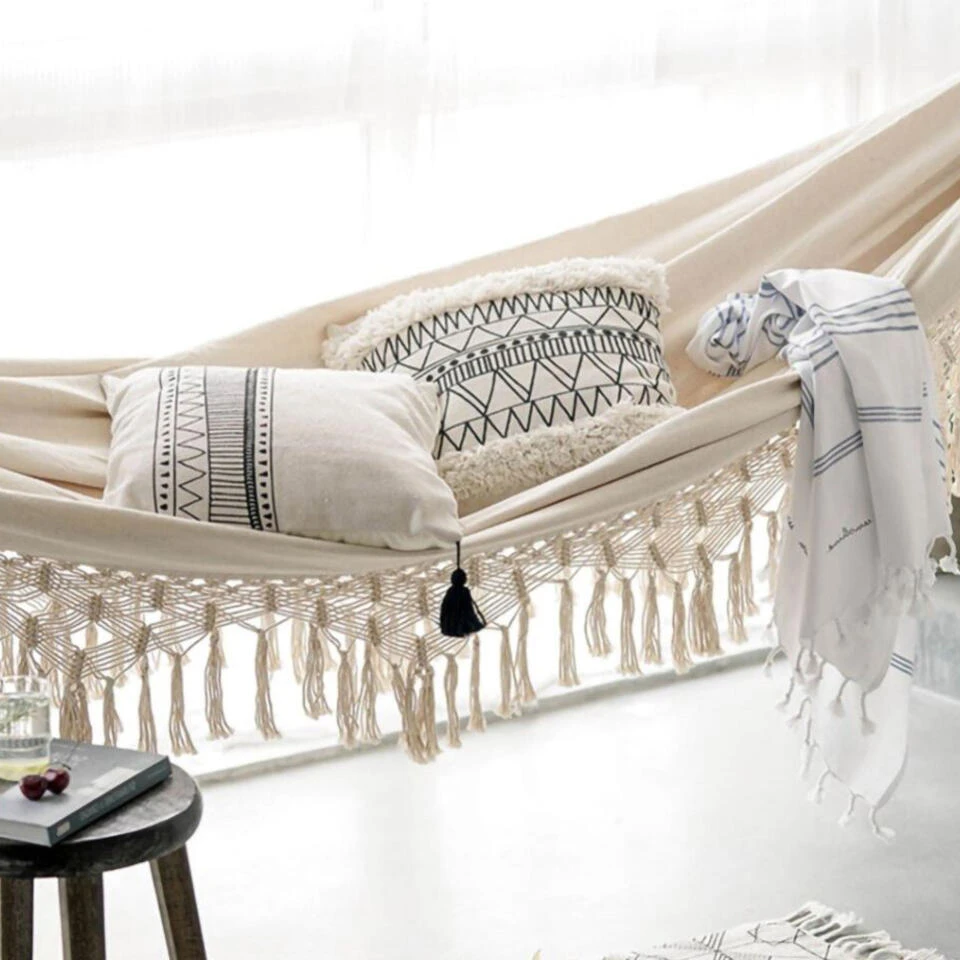 QUVIO Hangmat Katoen 280x150 Cm - Wit 5 QUVIO Hangmat Katoen 280x150 Cm - Wit - Afbeelding 3