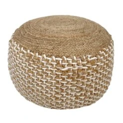 Poef - Jute Kruk - Rond Ø50 X 35 Cm - Deco Kruk Jute - Naturel/ Wit - Poef