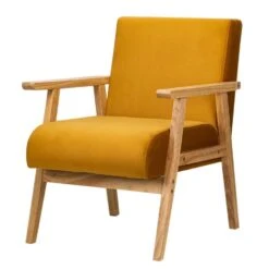 Fauteuil Van Massief Hout En Mosterdgeel Fluweel
