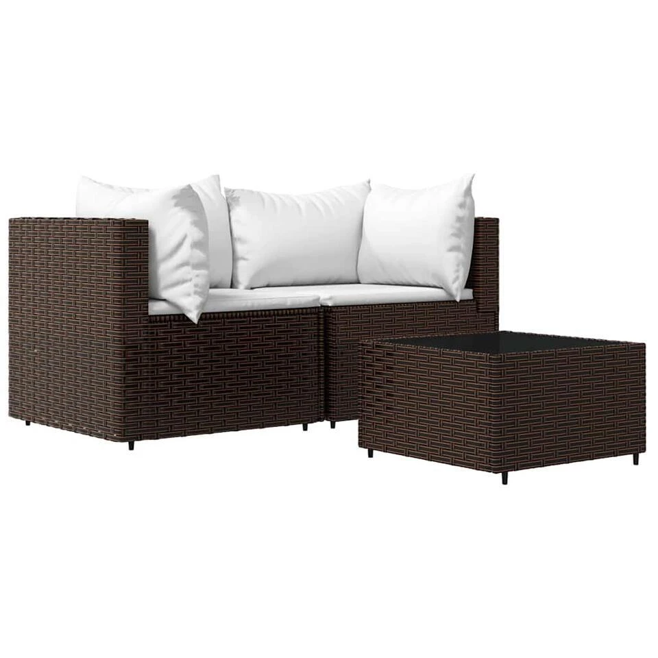 VidaXL - Loungeset - Bruin - Poly Rattan - 3 Stuks - Met Kussens 3 VidaXL - Loungeset - Bruin - Poly Rattan - 3 Stuks - Met Kussens