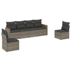 VidaXL 6-delige Loungeset Met Kussens En Hout Armsteun - Grijs - Poly Rattan