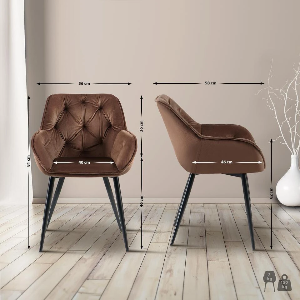 CLP Eetkamerstoel Cassis Zwart Frame - Fluweel - Bruin 4 CLP Eetkamerstoel Cassis Zwart Frame - Fluweel - Bruin - Afbeelding 2