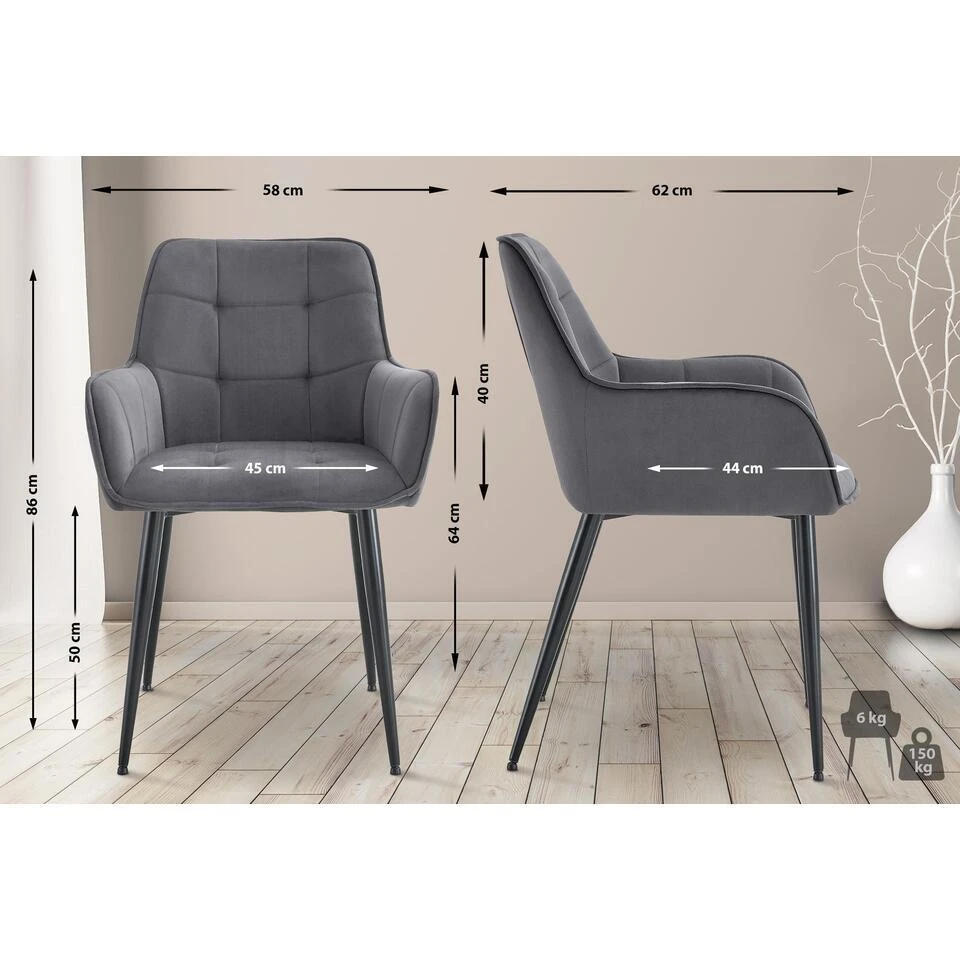 CLP Set Van 2 Eetkamerstoel Ferndale Zwart Frame - Fluweel - Donkergrijs 4 CLP Set Van 2 Eetkamerstoel Ferndale Zwart Frame - Fluweel - Donkergrijs - Afbeelding 2