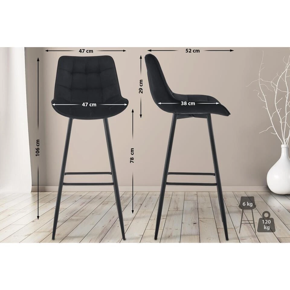 CLP Barkruk Dartford Mat Zwart Frame - Fluweel - Zwart 4 CLP Barkruk Dartford Mat Zwart Frame - Fluweel - Zwart - Afbeelding 2