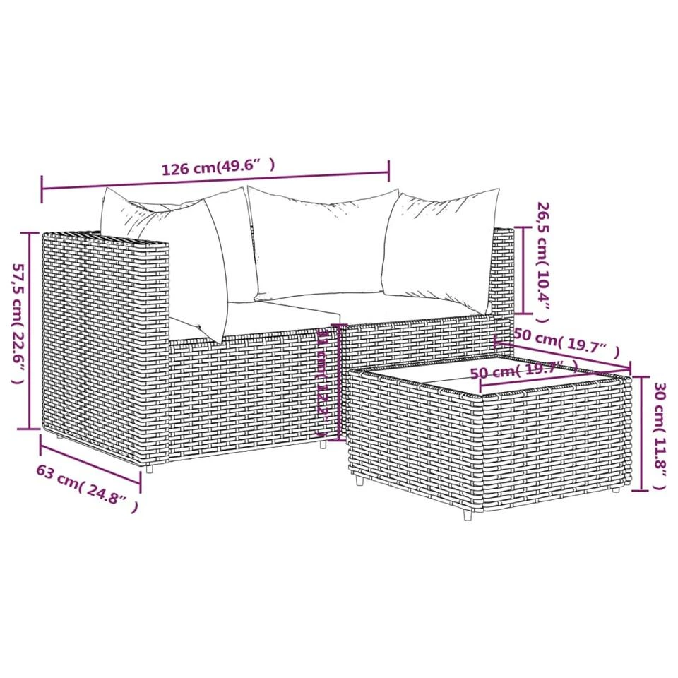 VidaXL - Loungeset - Bruin - Poly Rattan - 3 Stuks - Met Kussens 13 VidaXL - Loungeset - Bruin - Poly Rattan - 3 Stuks - Met Kussens - Afbeelding 11