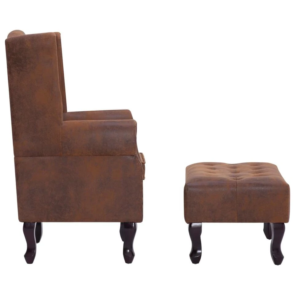 VidaXL Fauteuil En Voetenbank Chesterfield-stijl Kunstsuède Bruin 5 VidaXL Fauteuil En Voetenbank Chesterfield-stijl Kunstsuède Bruin - Afbeelding 3