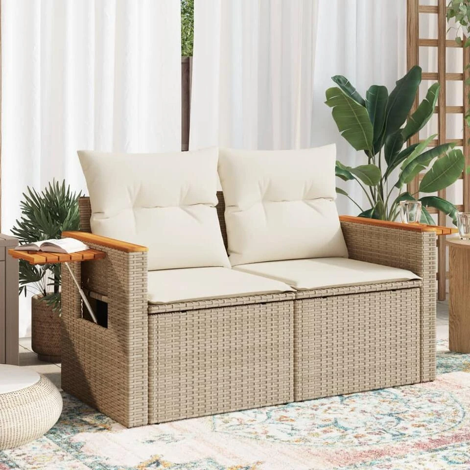 VidaXL - Tuinbank 2-zits - Beige - Poly Rattan - Met Kussens 4 VidaXL - Tuinbank 2-zits - Beige - Poly Rattan - Met Kussens - Afbeelding 2