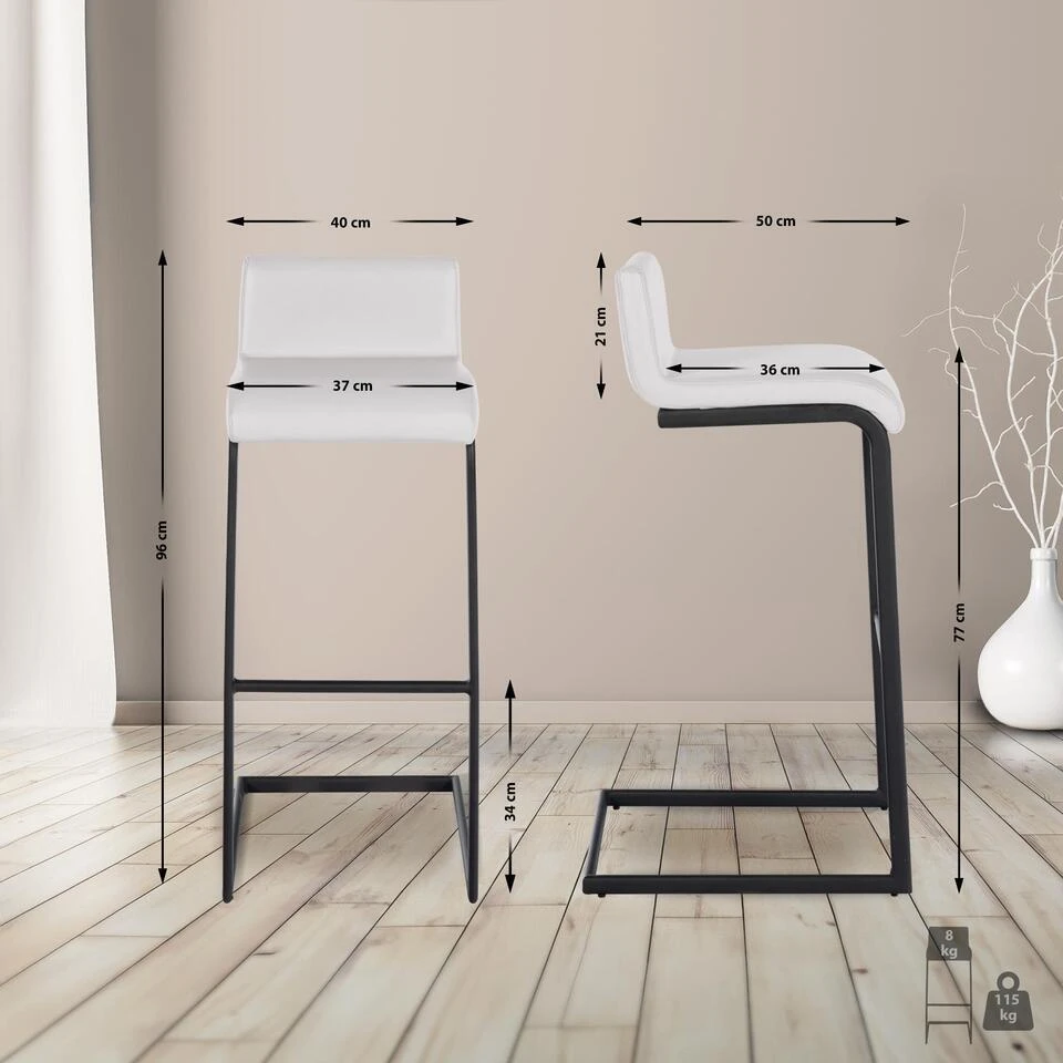 CLP Barkruk Newport Zwart Frame - Kunstleer - Wit 4 CLP Barkruk Newport Zwart Frame - Kunstleer - Wit - Afbeelding 2