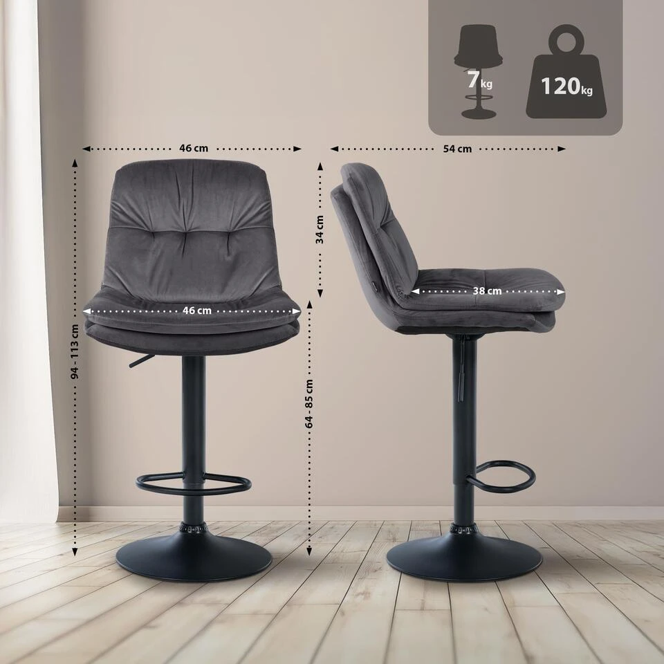 CLP Barkruk Laurel Zwart Frame - Fluweel - Donkergrijs 4 CLP Barkruk Laurel Zwart Frame - Fluweel - Donkergrijs - Afbeelding 2