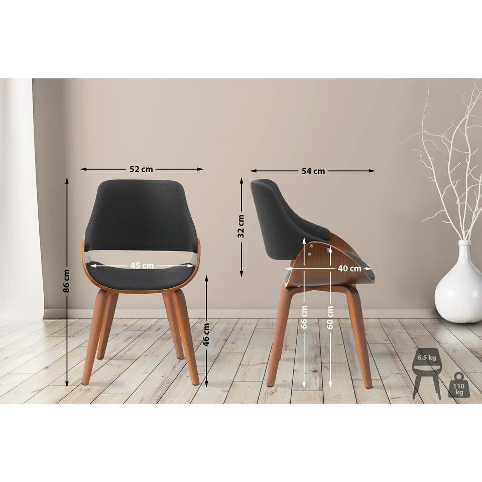 CLP Eetkamerstoel Vangale Walnoot Frame - Stof - Walnoot/zwart 4 CLP Eetkamerstoel Vangale Walnoot Frame - Stof - Walnoot/zwart - Afbeelding 2